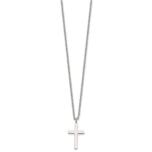 MJ Stainless Steel Polished 20mm Cross Pendant on an 18 inch Cable Chain Necklace