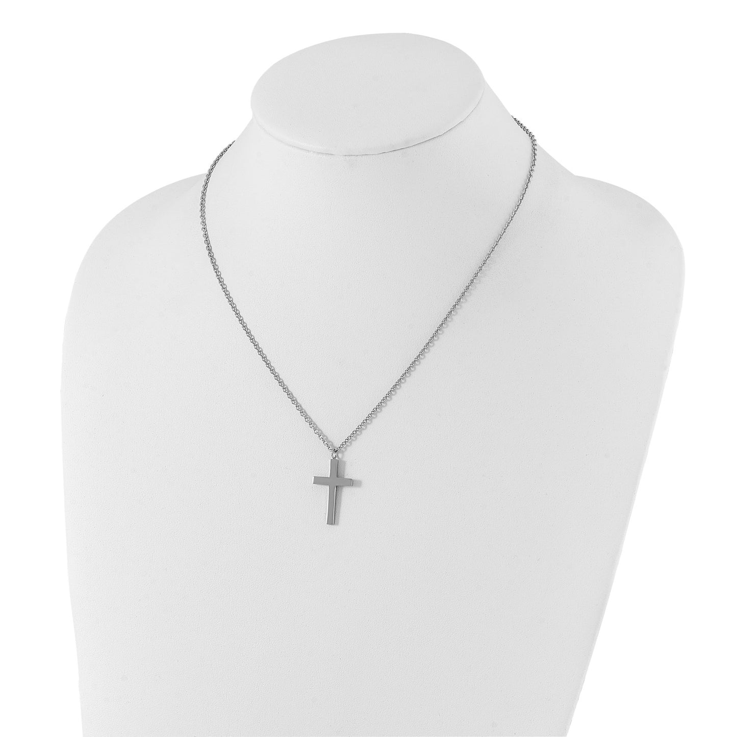 MJ Stainless Steel Polished 25mm Cross Pendant on an 18 inch Cable Chain Necklace