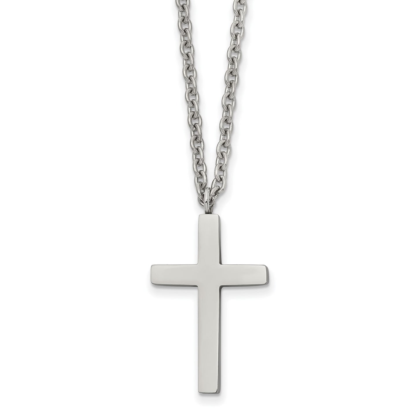 MJ Stainless Steel Polished 25mm Cross Pendant on an 18 inch Cable Chain Necklace
