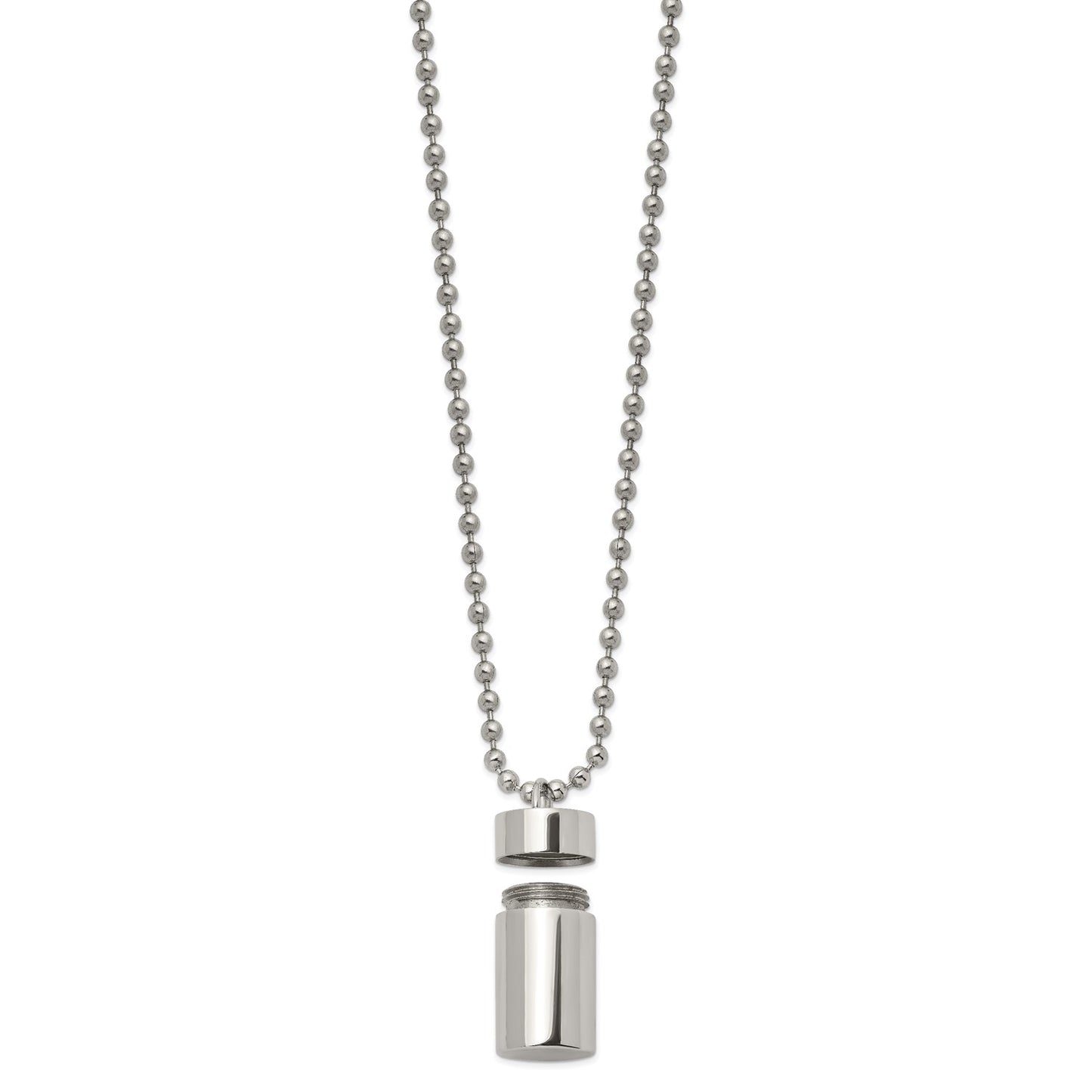 MJ Stainless Steel Polished Capsule that Opens on a 22 inch Ball Chain Necklace
