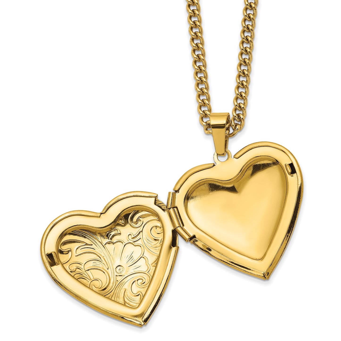MJ Stainless Steel Polished Yellow IP-plated Heart Locket on a 24 inch Curb Chain Necklace