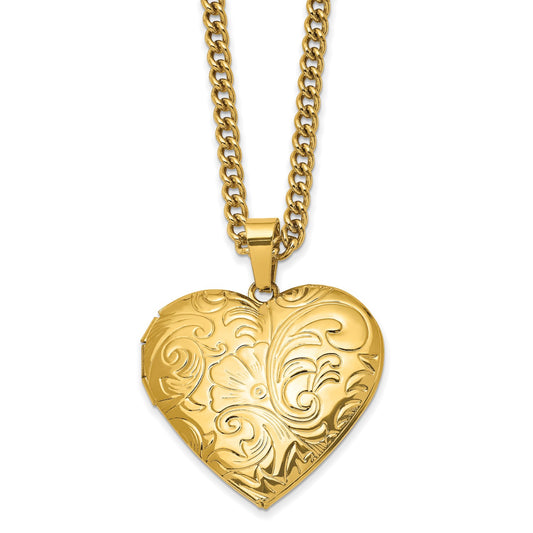 MJ Stainless Steel Polished Yellow IP-plated Heart Locket on a 24 inch Curb Chain Necklace
