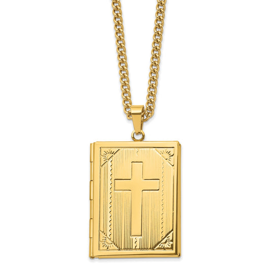 MJ Stainless Steel Polished Yellow IP-plated Cross Bible Locket Pendant on a 24 inch Curb Chain Necklace