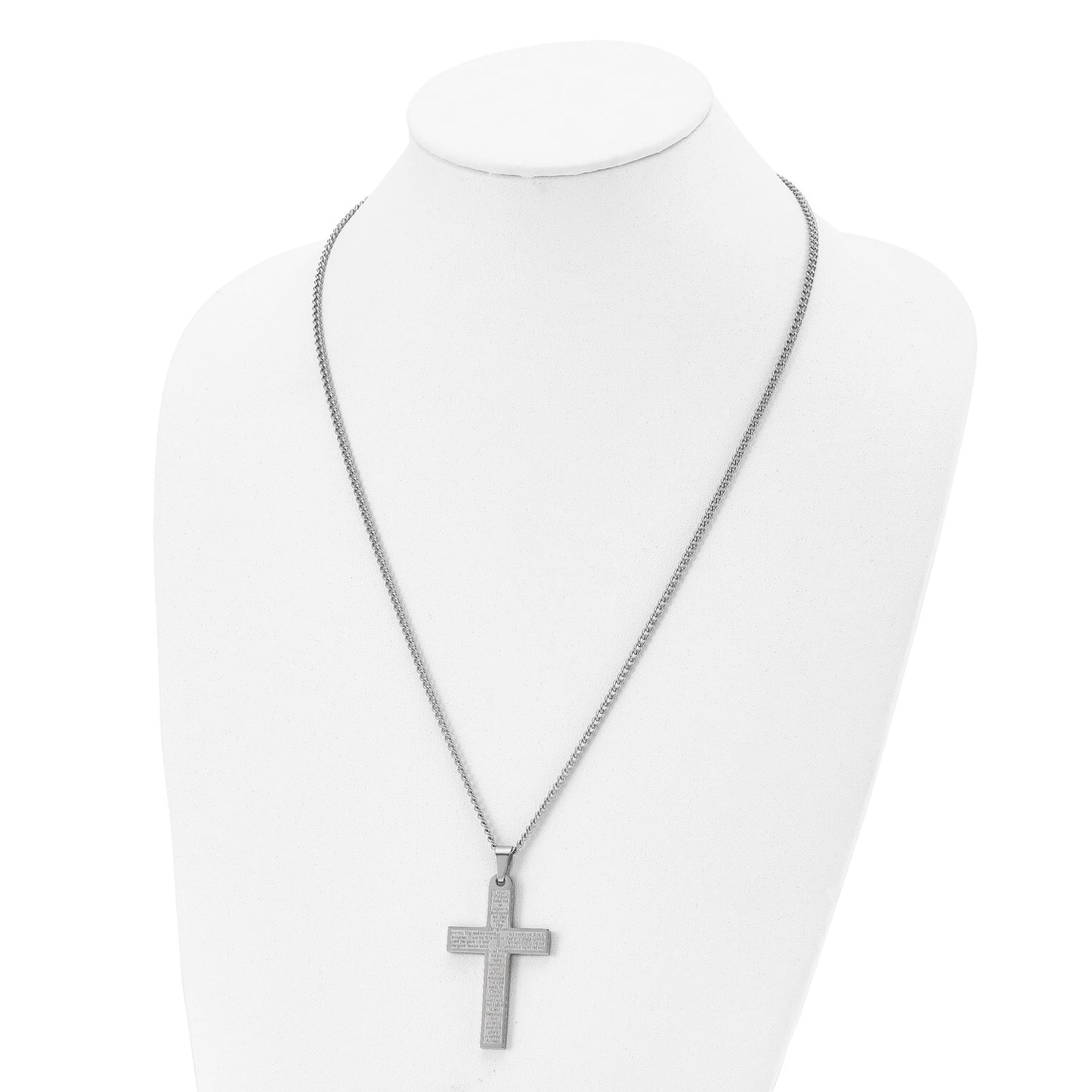MJ Stainless Steel Polished Lord's Prayer Cross Pendant on a 24 inch Curb Chain Necklace