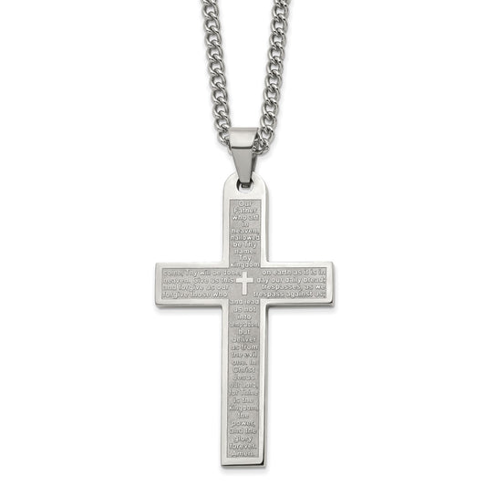 MJ Stainless Steel Polished Lord's Prayer Cross Pendant on a 24 inch Curb Chain Necklace