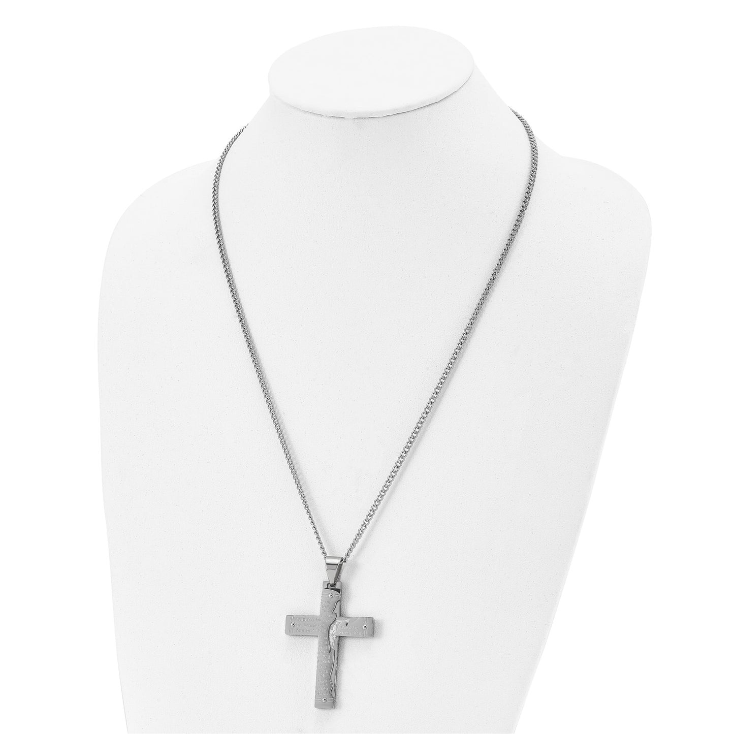 MJ Stainless Steel Polished Etched Isaiah 41:10 Prayer Cross Pendant on a 24 inch Curb Chain Necklace
