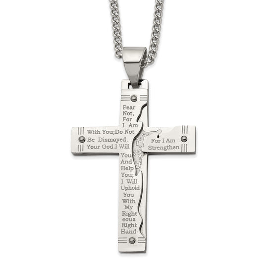 MJ Stainless Steel Polished Etched Isaiah 41:10 Prayer Cross Pendant on a 24 inch Curb Chain Necklace