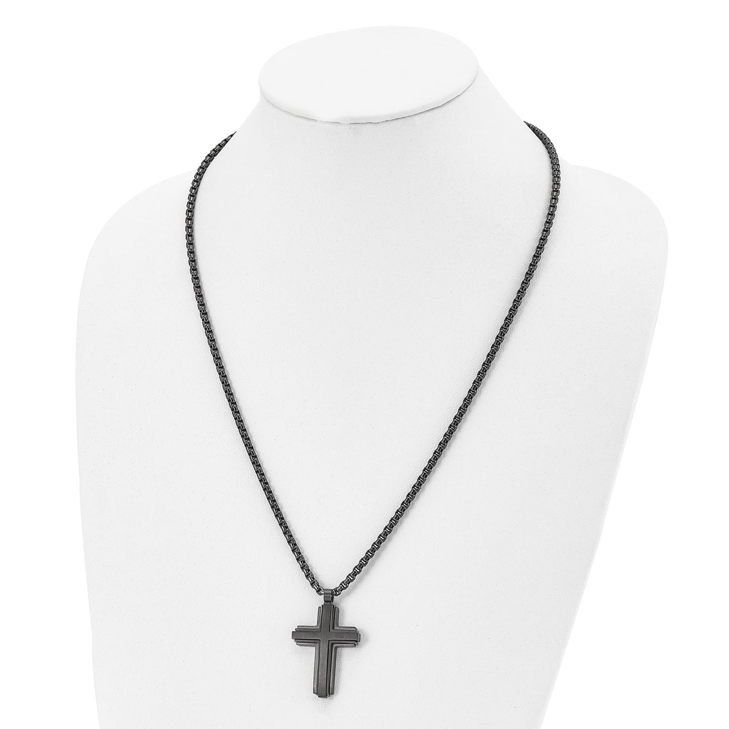 MJ Stainless Steel Brushed and Polished Black IP-plated Cross Pendant on a 24 inch Box Chain Necklace