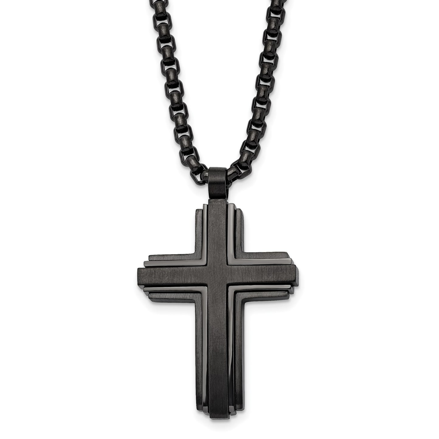 MJ Stainless Steel Brushed and Polished Black IP-plated Cross Pendant on a 24 inch Box Chain Necklace