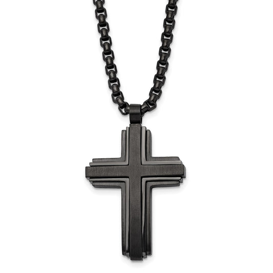 MJ Stainless Steel Brushed and Polished Black IP-plated Cross Pendant on a 24 inch Box Chain Necklace