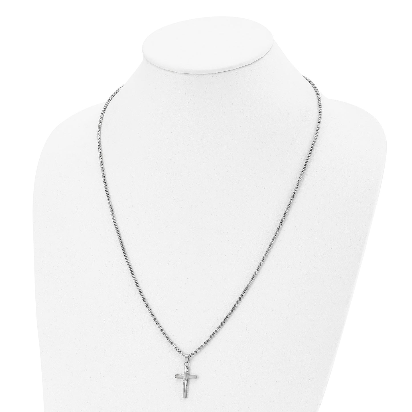MJ Stainless Steel Polished and Textured Sunburst Design Cross Pendant on a 24 inch Box Chain Necklace