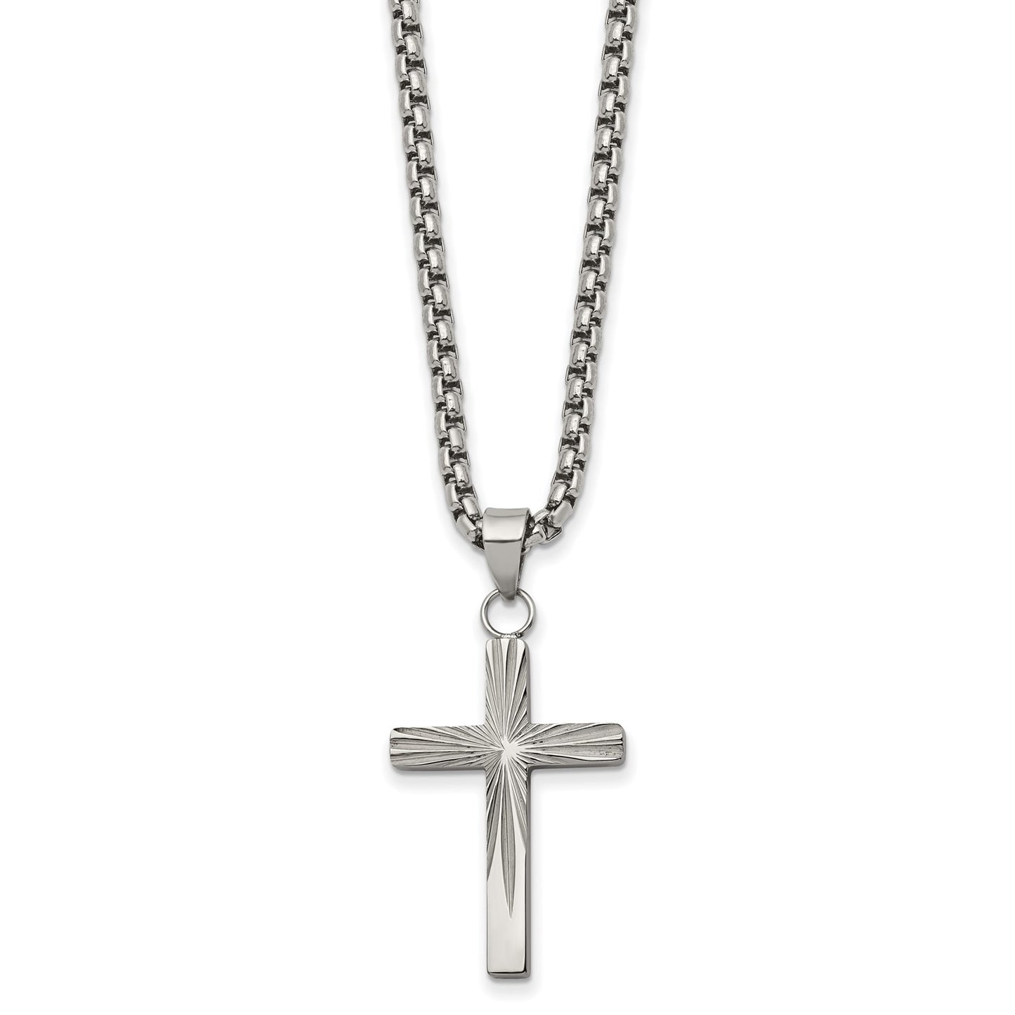 MJ Stainless Steel Polished and Textured Sunburst Design Cross Pendant on a 24 inch Box Chain Necklace