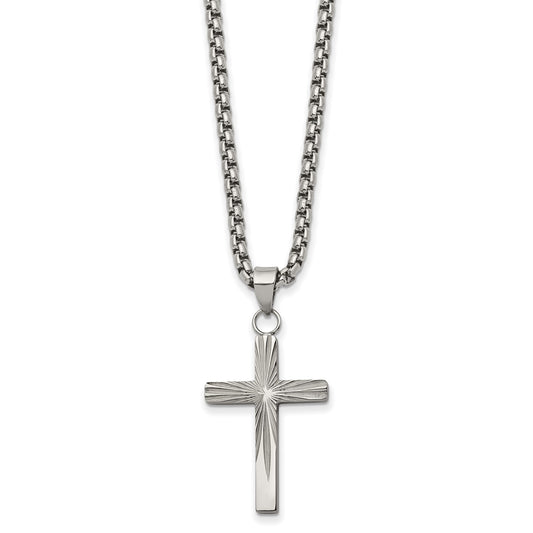 MJ Stainless Steel Polished and Textured Sunburst Design Cross Pendant on a 24 inch Box Chain Necklace