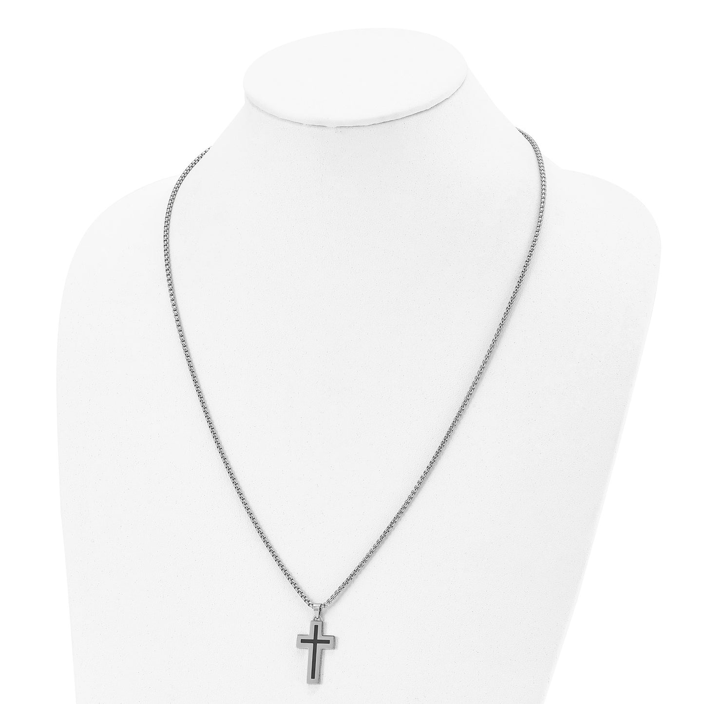 MJ Stainless Steel Polished with Black Enamel Cross Pendant on a 24 inch Box Chain Necklace