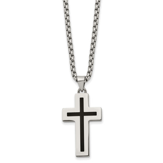 MJ Stainless Steel Polished with Black Enamel Cross Pendant on a 24 inch Box Chain Necklace