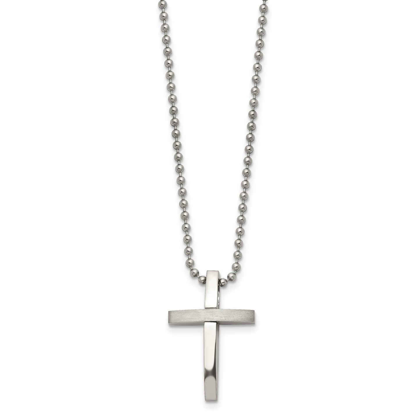 MJ Stainless Steel Brushed and Polished Cross Pendant on an 18 inch Ball Chain Necklace