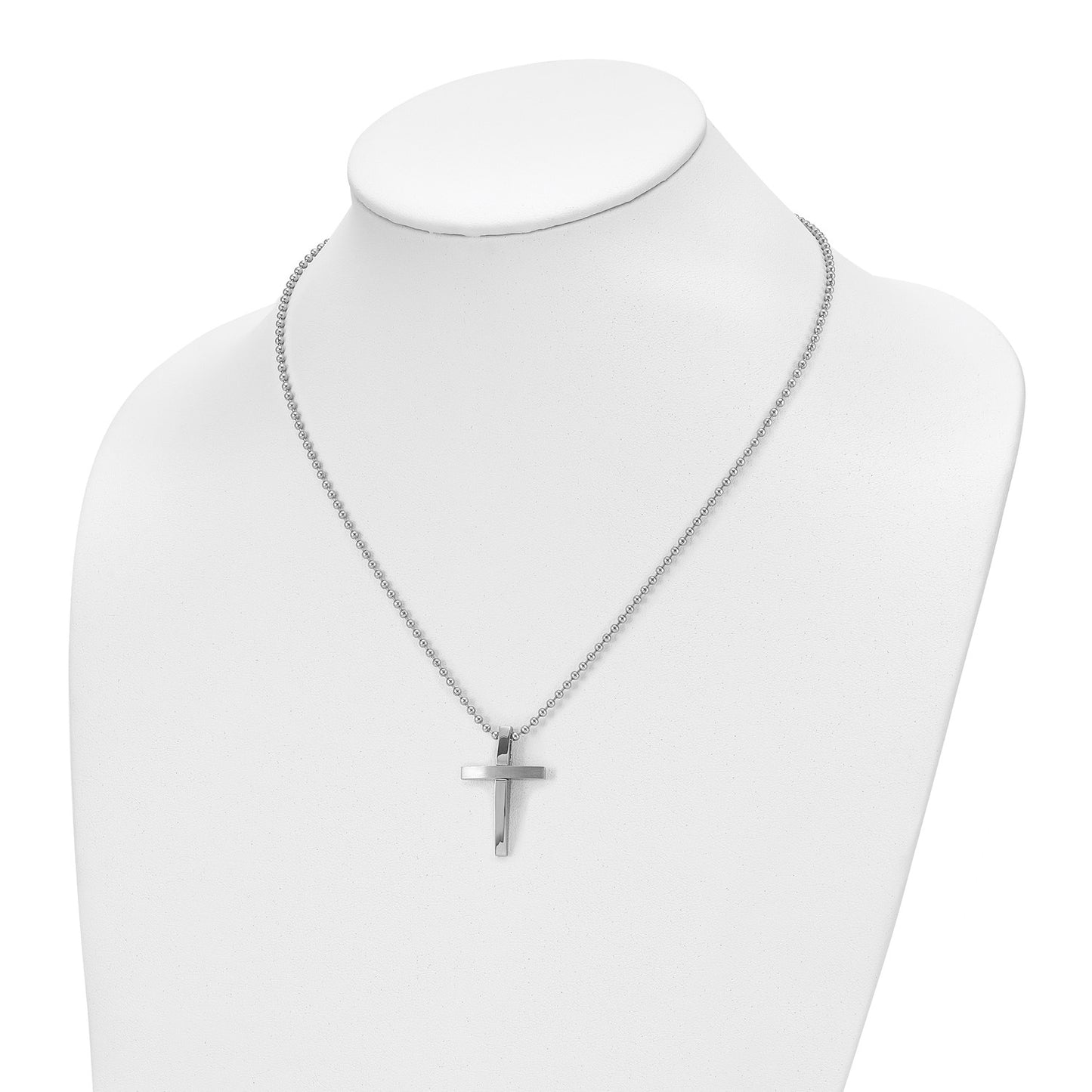 MJ Stainless Steel Brushed and Polished Cross Pendant on an 18 inch Ball Chain Necklace