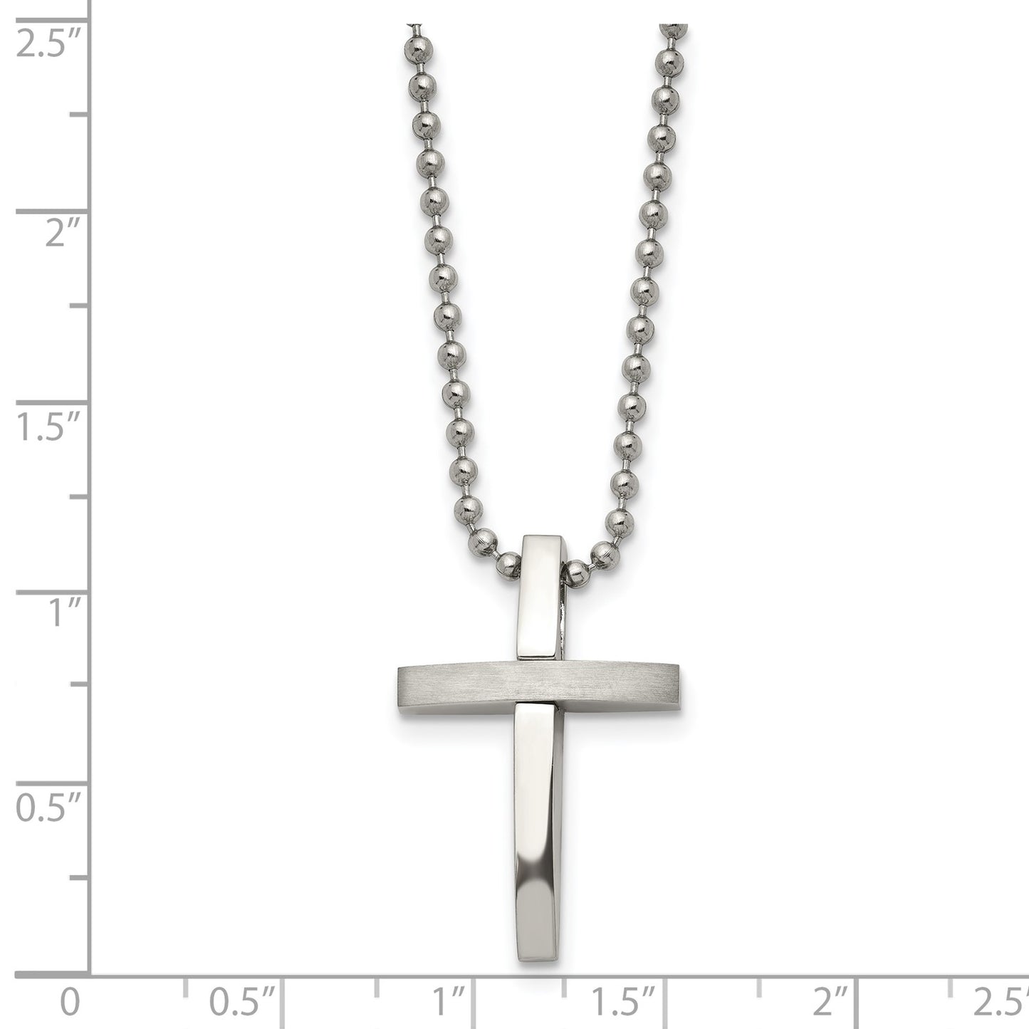 MJ Stainless Steel Brushed and Polished Cross Pendant on an 18 inch Ball Chain Necklace