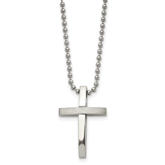 MJ Stainless Steel Brushed and Polished Cross Pendant on an 18 inch Ball Chain Necklace