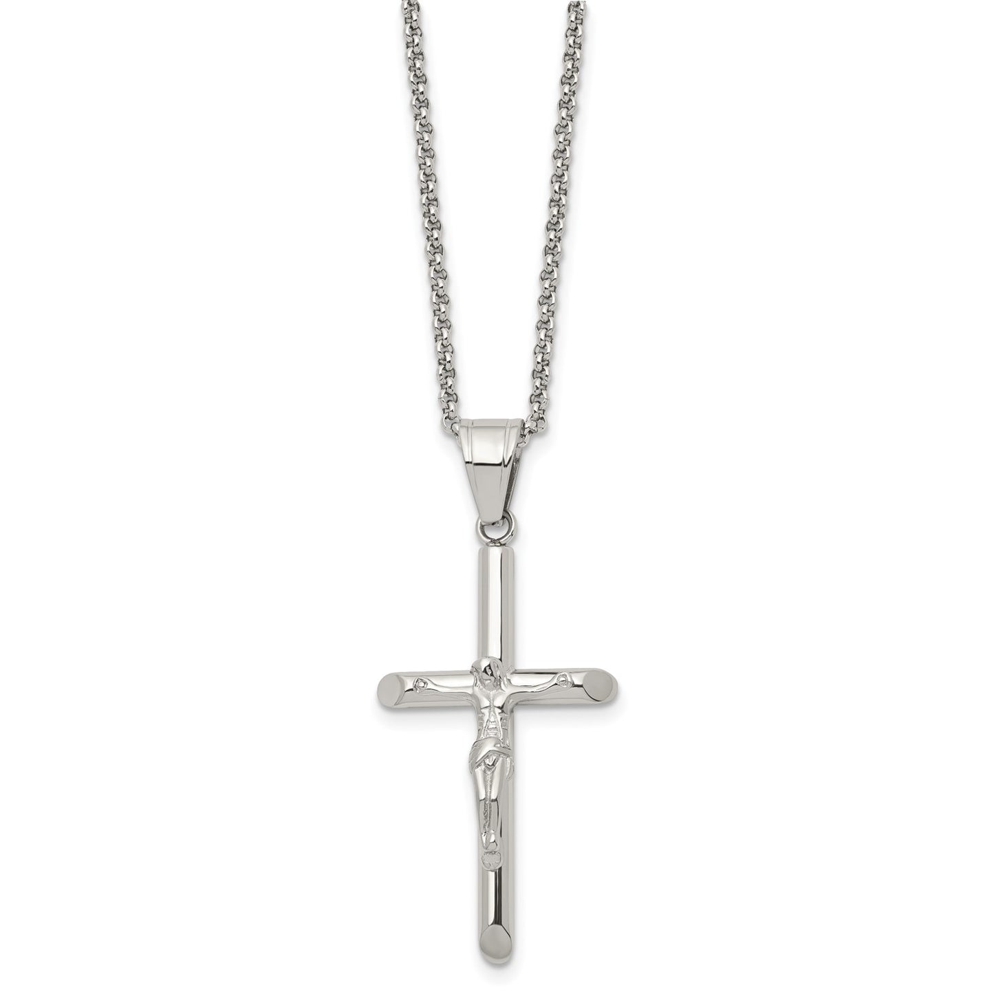 MJ Stainless Steel Polished Crucifix Pendant on a 22 inch Rolo Chain Necklace