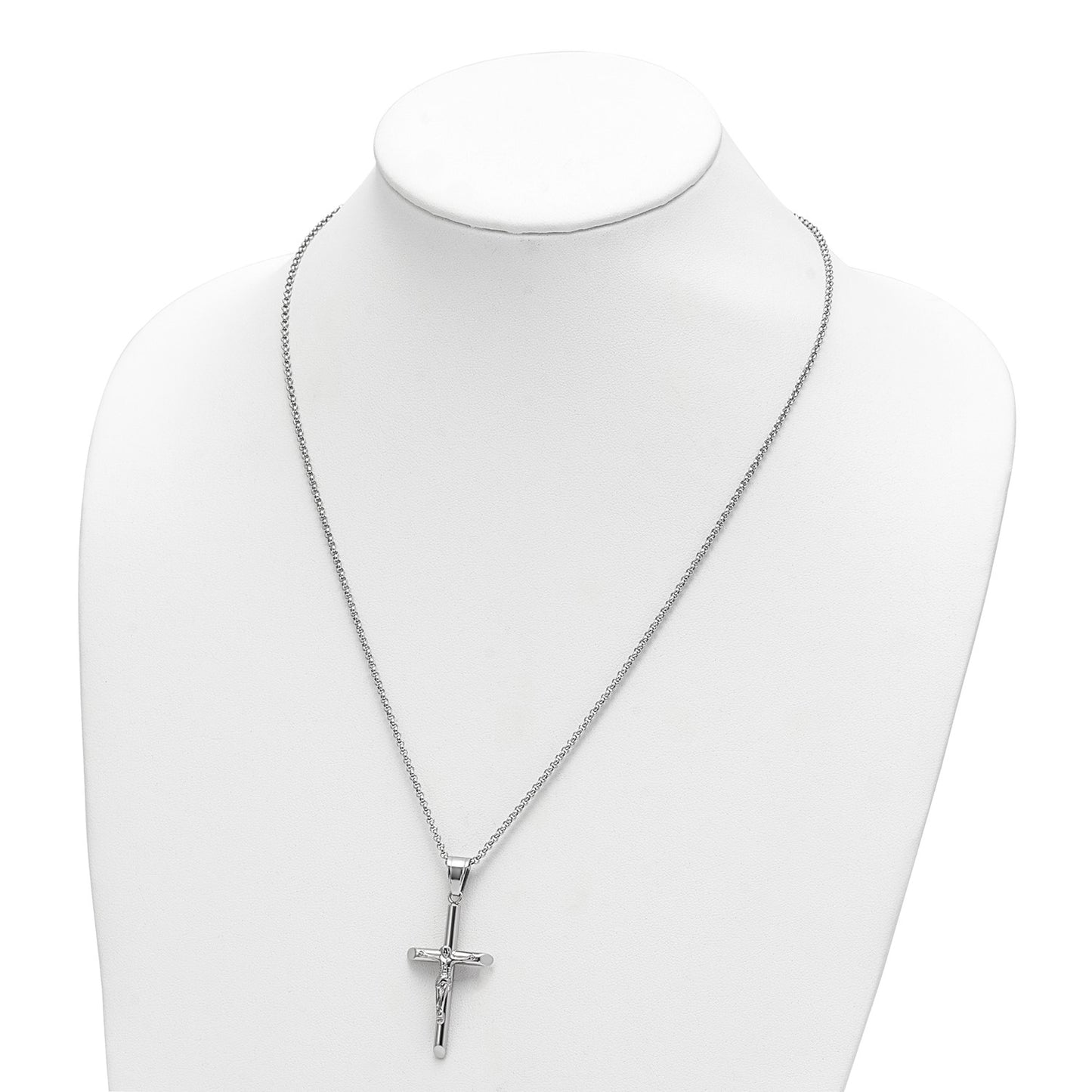 MJ Stainless Steel Polished Crucifix Pendant on a 22 inch Rolo Chain Necklace