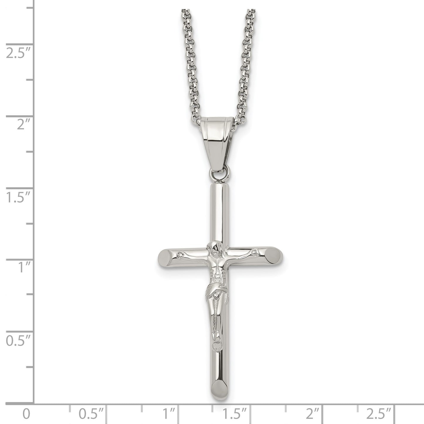 MJ Stainless Steel Polished Crucifix Pendant on a 22 inch Rolo Chain Necklace