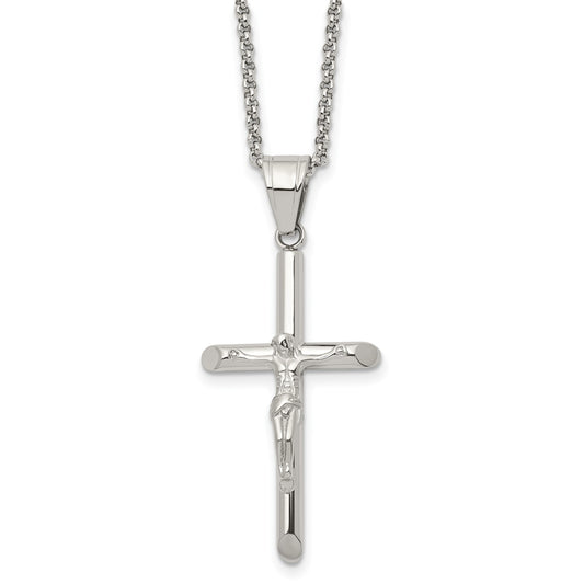 MJ Stainless Steel Polished Crucifix Pendant on a 22 inch Rolo Chain Necklace
