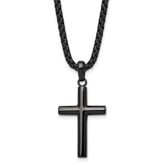 MJ Stainless Steel Polished Gun Metal IP-plated Cross Pendant on a 24 inch Box Chain Necklace