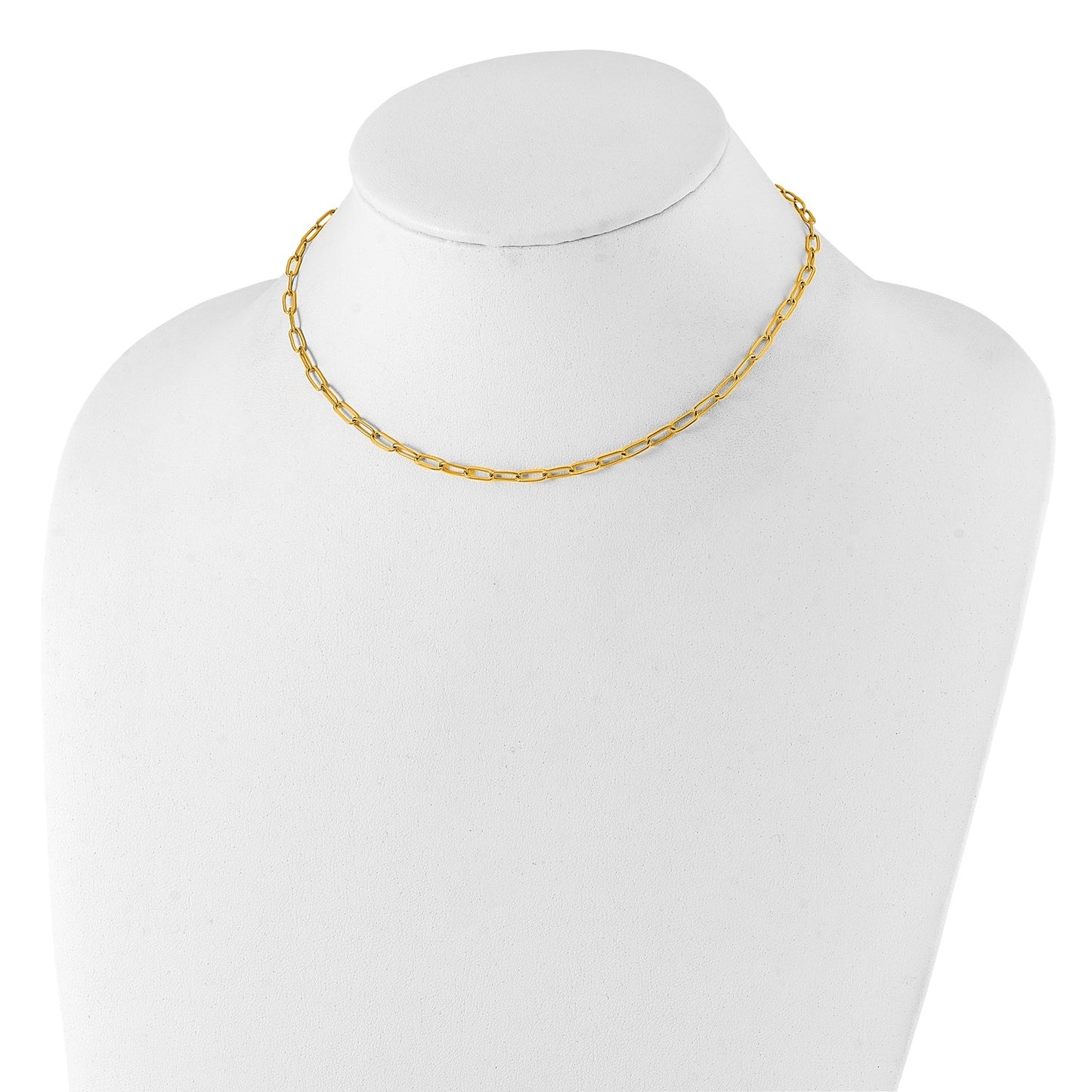 MJ Stainless Steel Polished Yellow IP-plated Elongated Open Link Paperclip 15 inch Necklace with 2 inch Extension