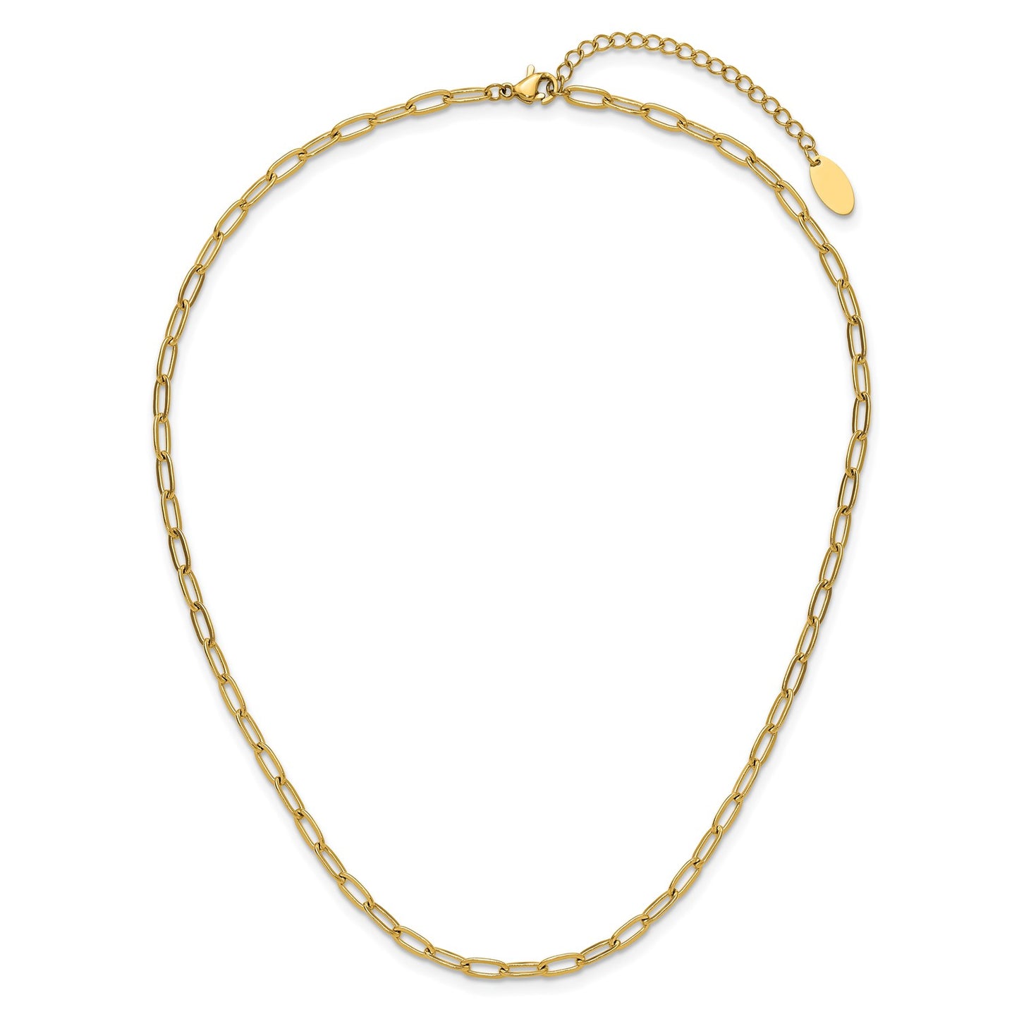 MJ Stainless Steel Polished Yellow IP-plated Elongated Open Link Paperclip 15 inch Necklace with 2 inch Extension