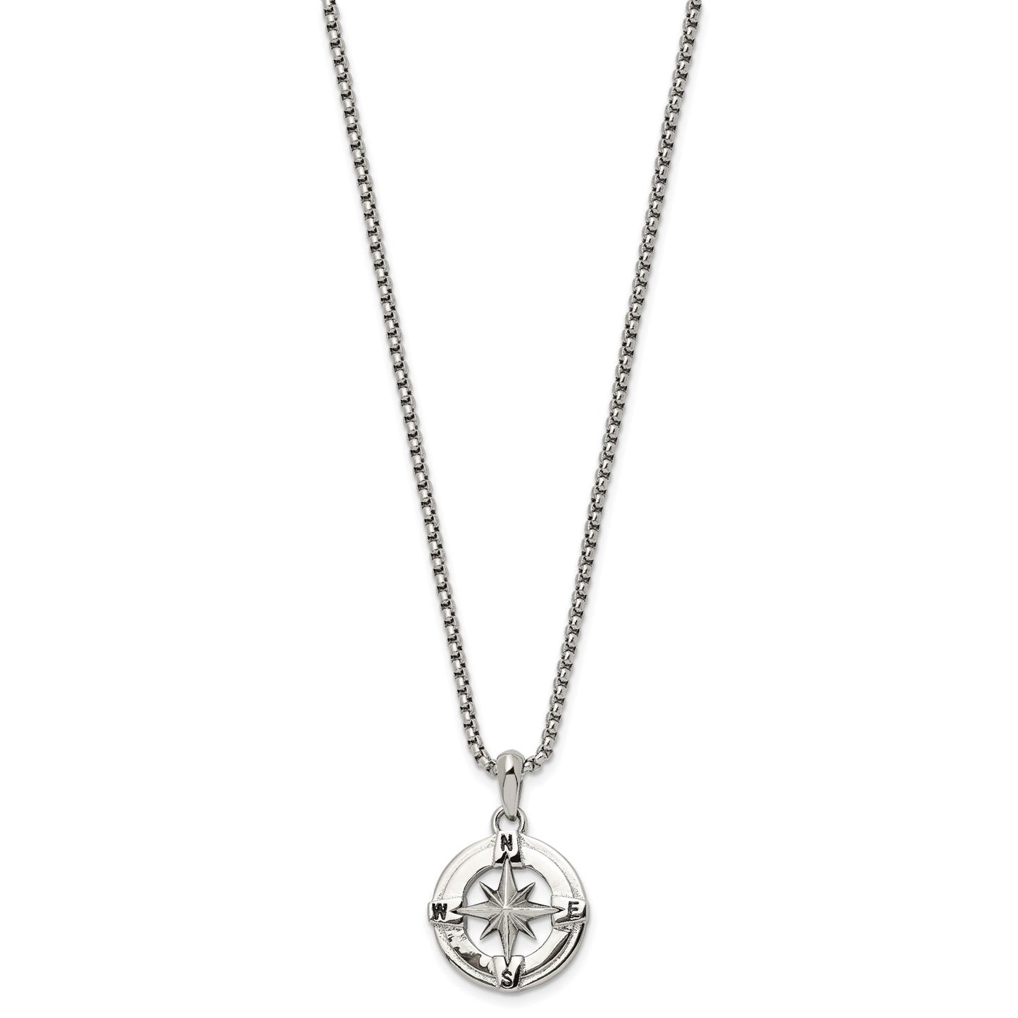 MJ Stainless Steel Polished Compass Pendant on a 22 inch Box Chain Necklace