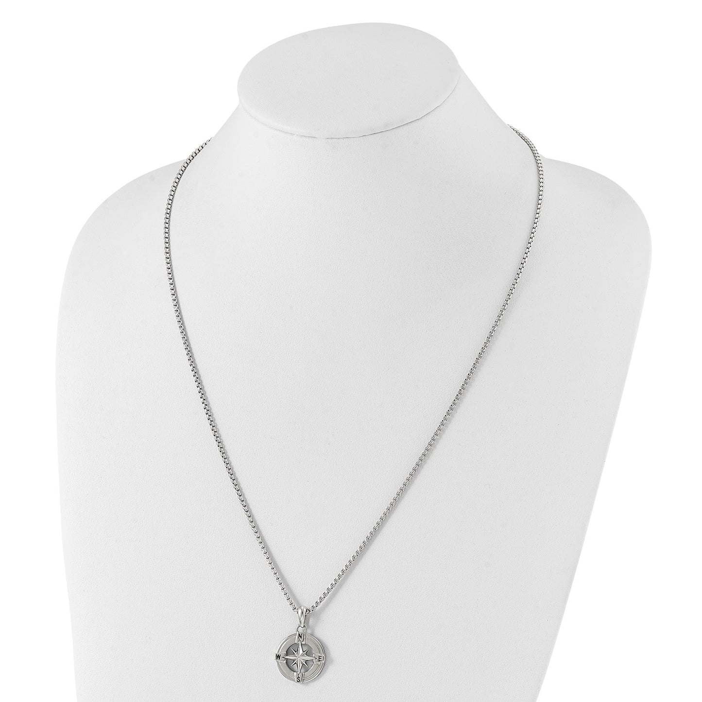 MJ Stainless Steel Polished Compass Pendant on a 22 inch Box Chain Necklace