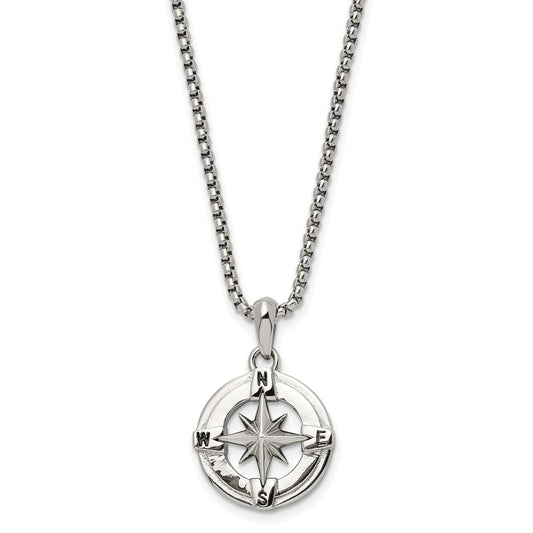 MJ Stainless Steel Polished Compass Pendant on a 22 inch Box Chain Necklace