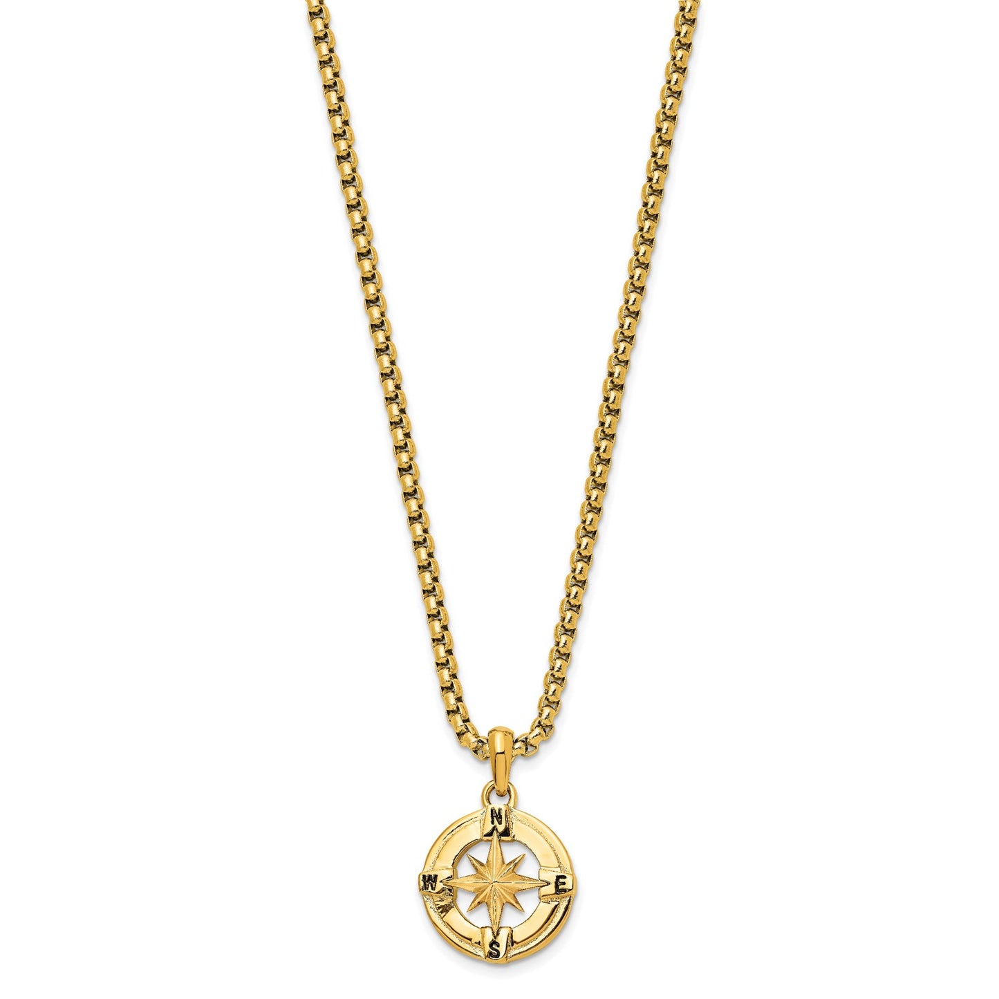 MJ Stainless Steel Polished Yellow IP-plated Compass Pendant on a 22 inch Box Chain Necklace
