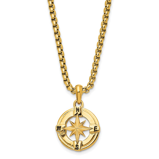 MJ Stainless Steel Polished Yellow IP-plated Compass Pendant on a 22 inch Box Chain Necklace