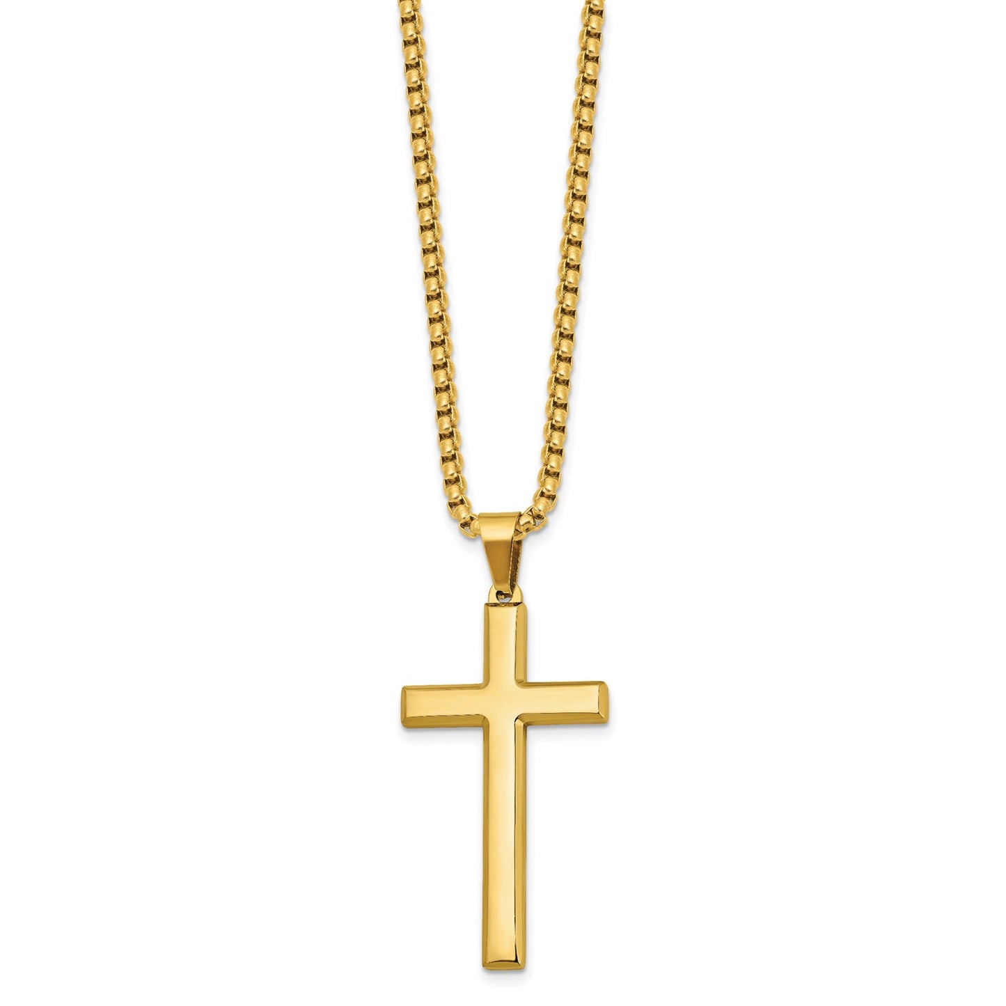 MJ Stainless Steel Polished Yellow IP-plated Cross Pendant on a 24 inch Box Chain Necklace