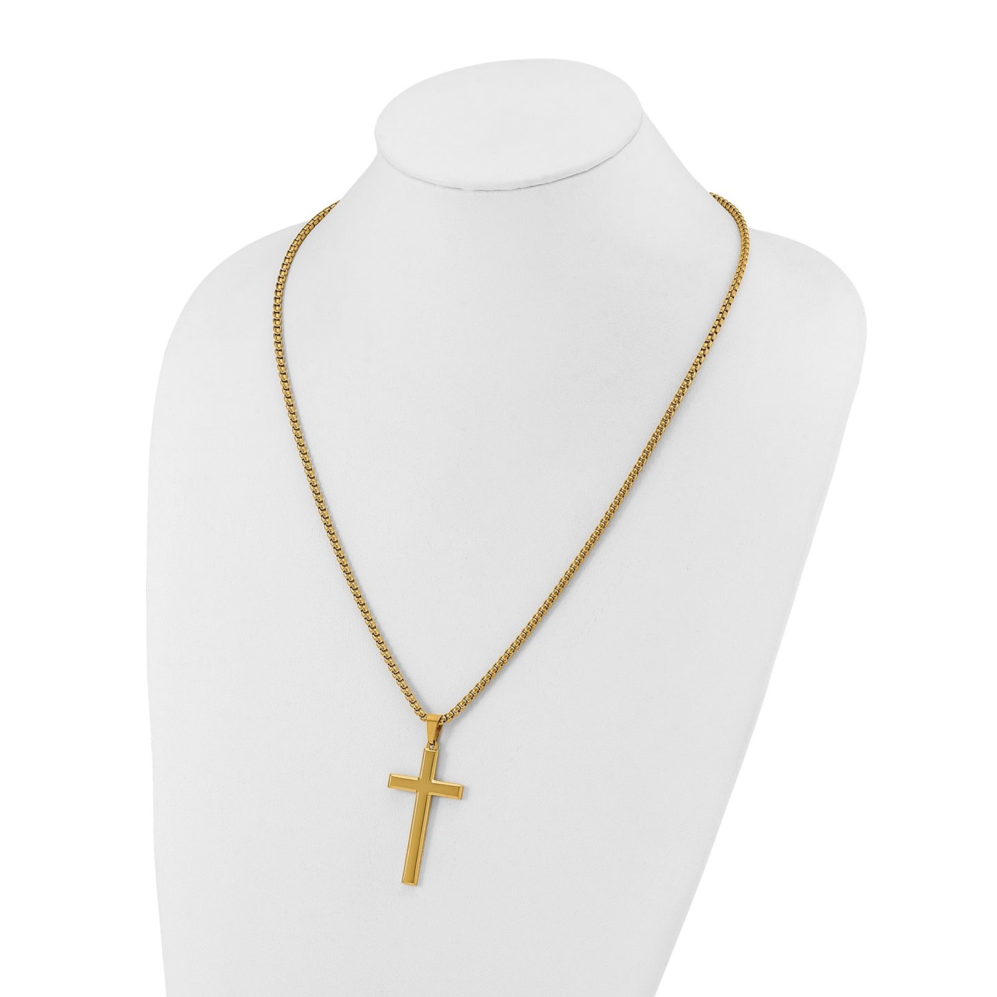 MJ Stainless Steel Polished Yellow IP-plated Cross Pendant on a 24 inch Box Chain Necklace