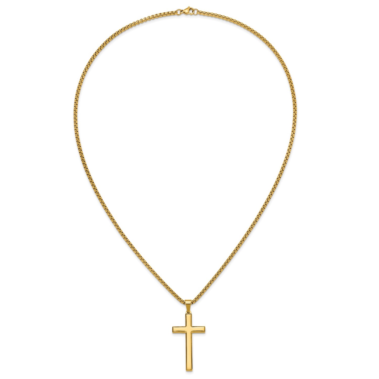 MJ Stainless Steel Polished Yellow IP-plated Cross Pendant on a 24 inch Box Chain Necklace