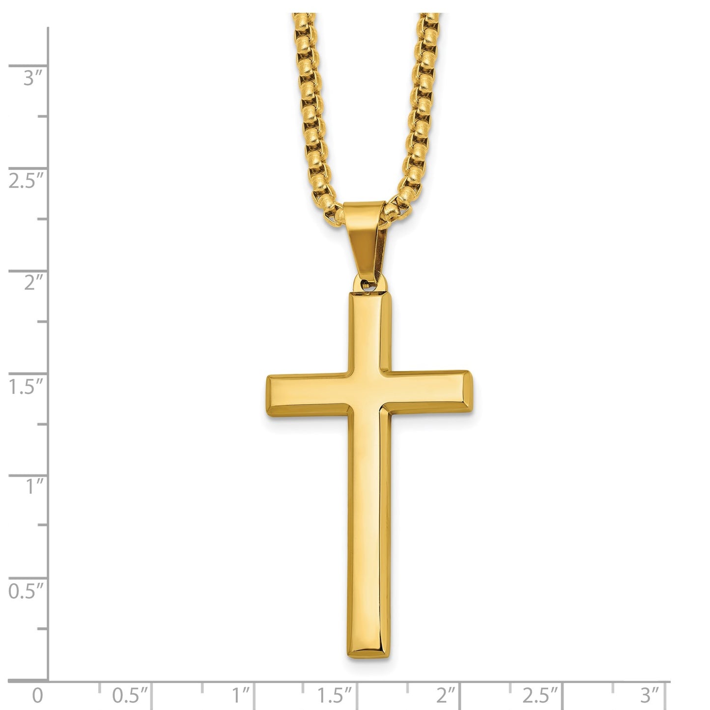 MJ Stainless Steel Polished Yellow IP-plated Cross Pendant on a 24 inch Box Chain Necklace