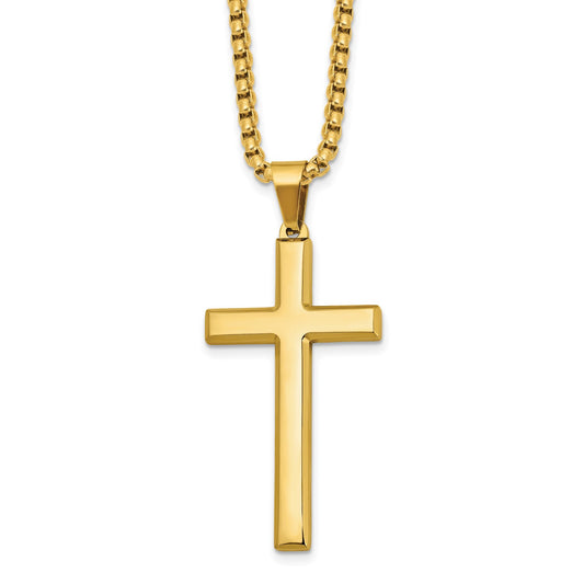MJ Stainless Steel Polished Yellow IP-plated Cross Pendant on a 24 inch Box Chain Necklace