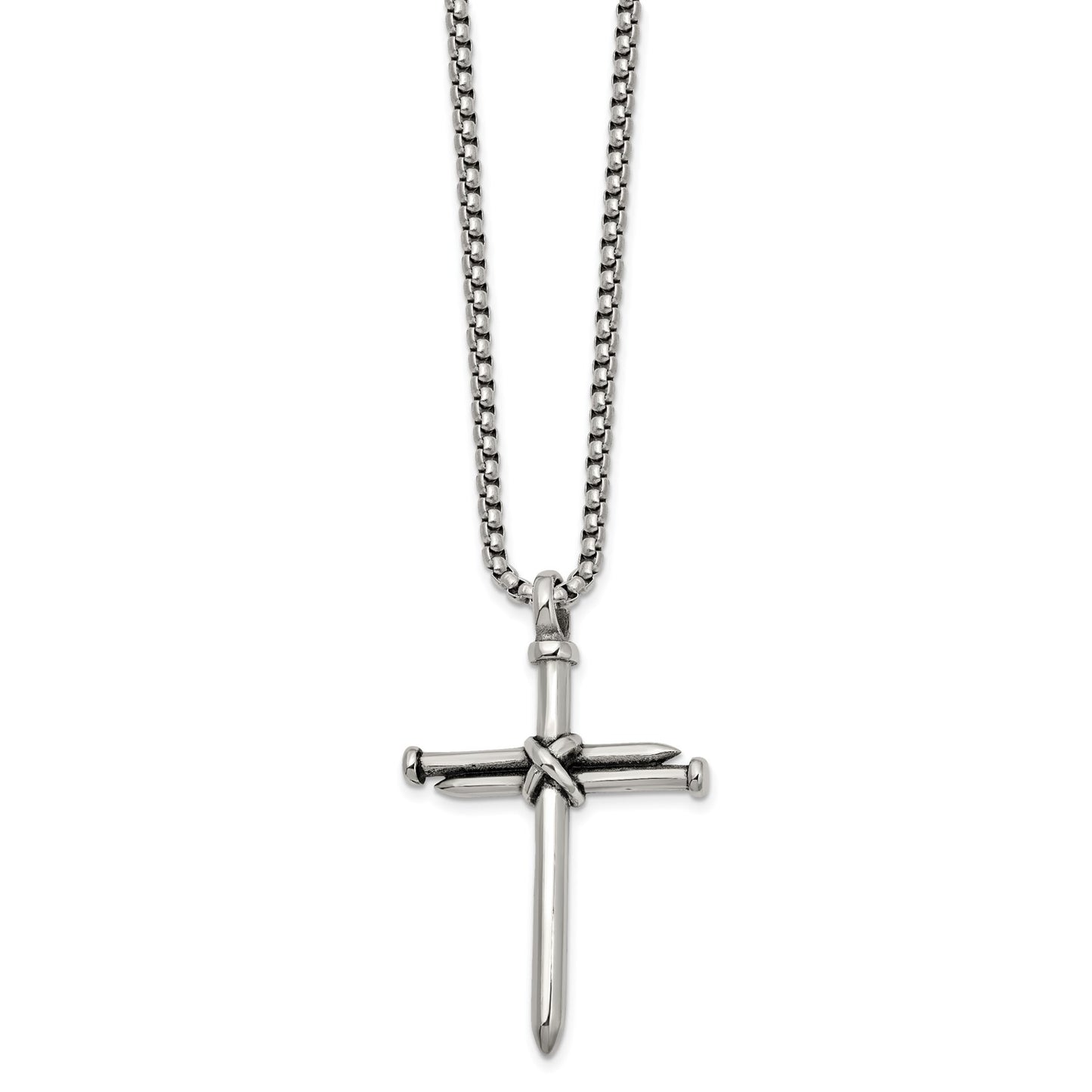 MJ Stainless Steel Polished Antiqued and Polished Cross of Nails Pendant on a 22 inch Box Chain Necklace