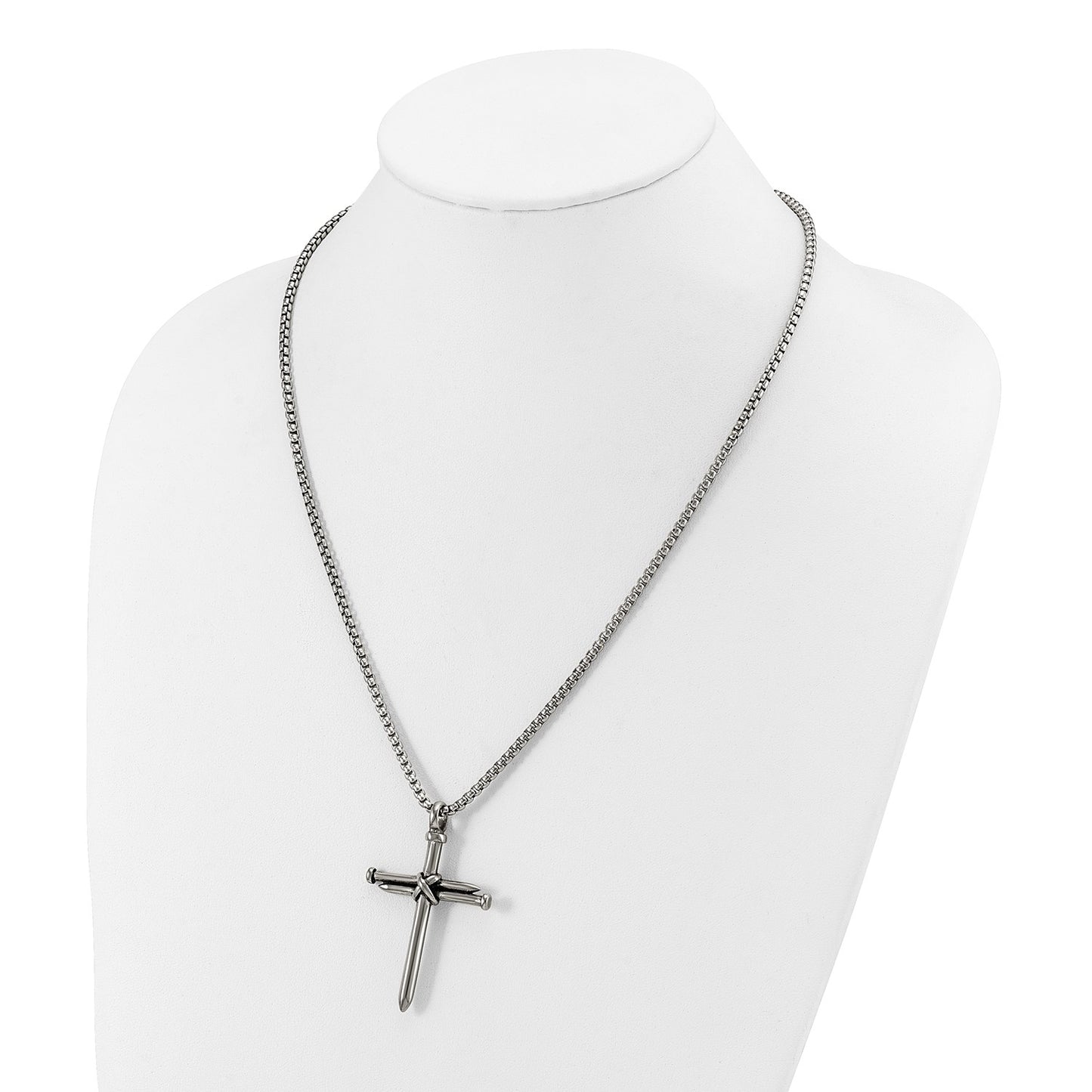 MJ Stainless Steel Polished Antiqued and Polished Cross of Nails Pendant on a 22 inch Box Chain Necklace
