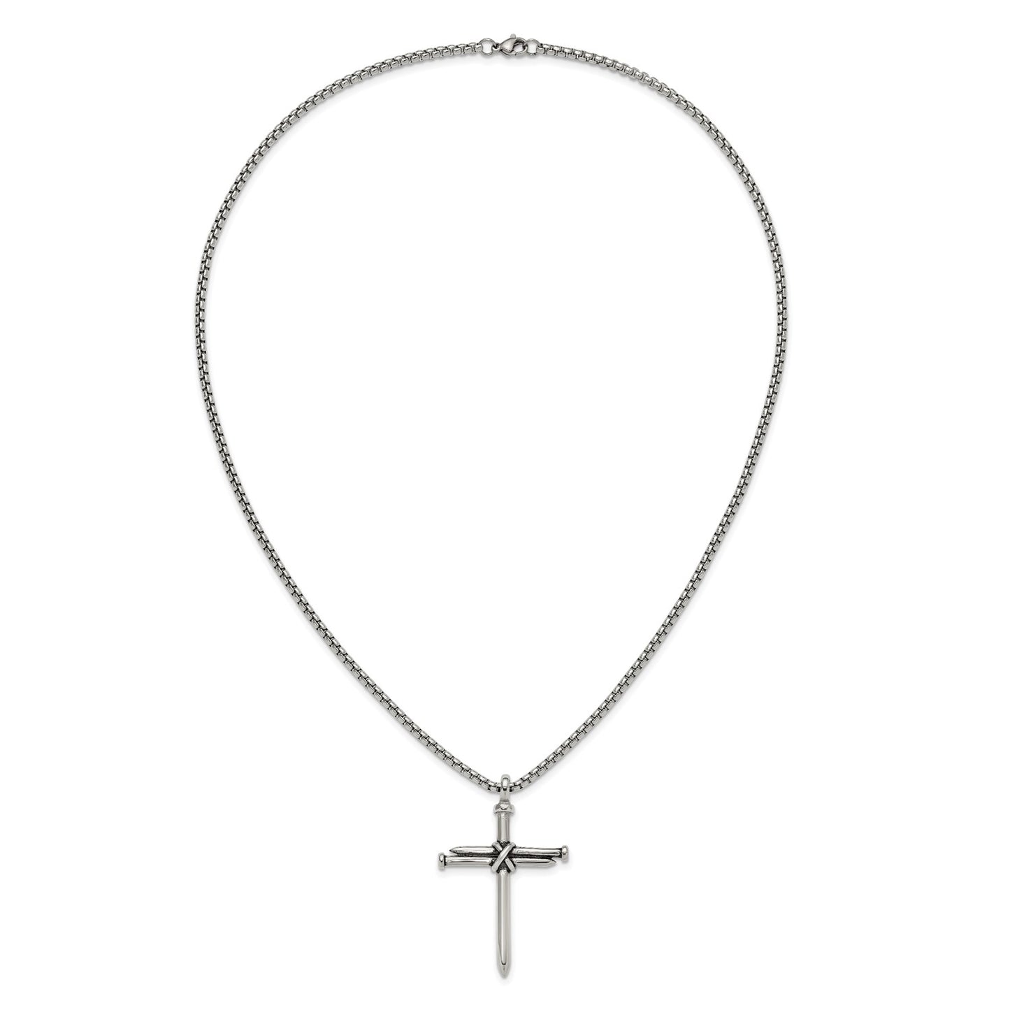 MJ Stainless Steel Polished Antiqued and Polished Cross of Nails Pendant on a 22 inch Box Chain Necklace