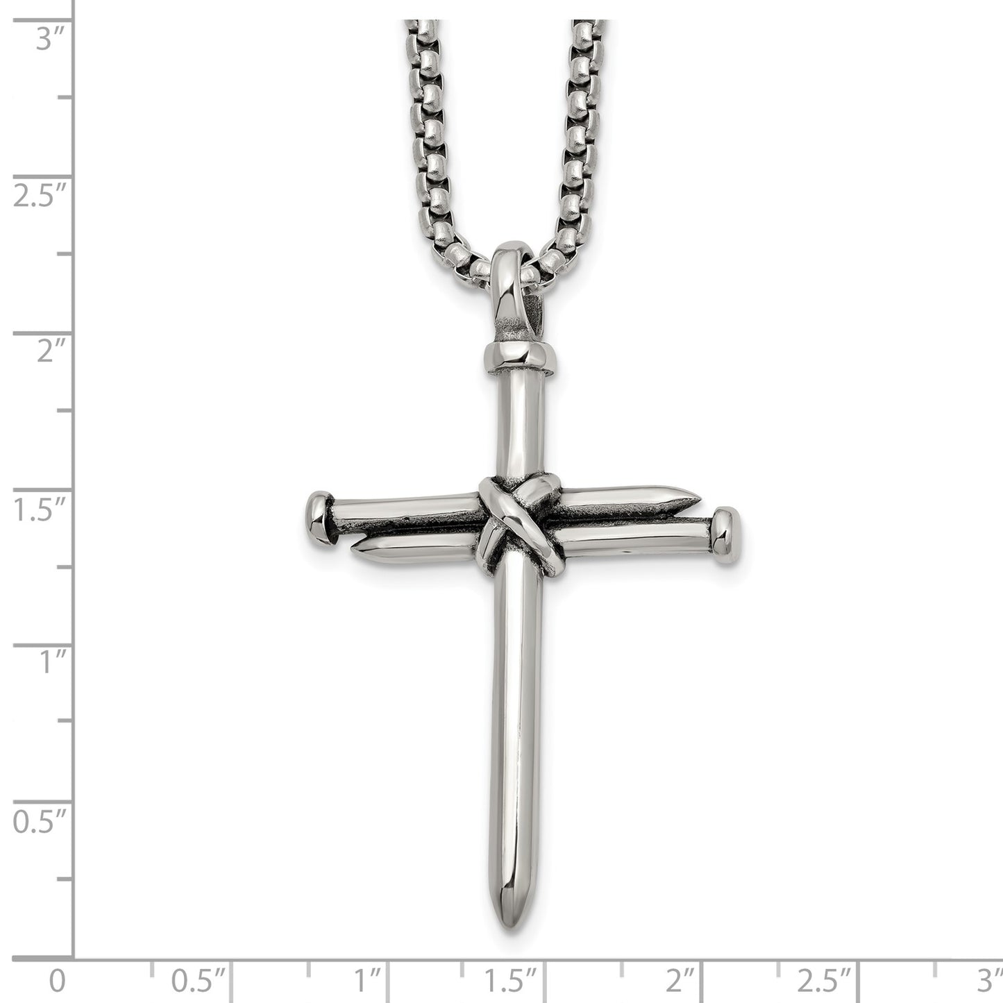 MJ Stainless Steel Polished Antiqued and Polished Cross of Nails Pendant on a 22 inch Box Chain Necklace