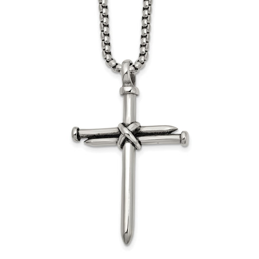 MJ Stainless Steel Polished Antiqued and Polished Cross of Nails Pendant on a 22 inch Box Chain Necklace