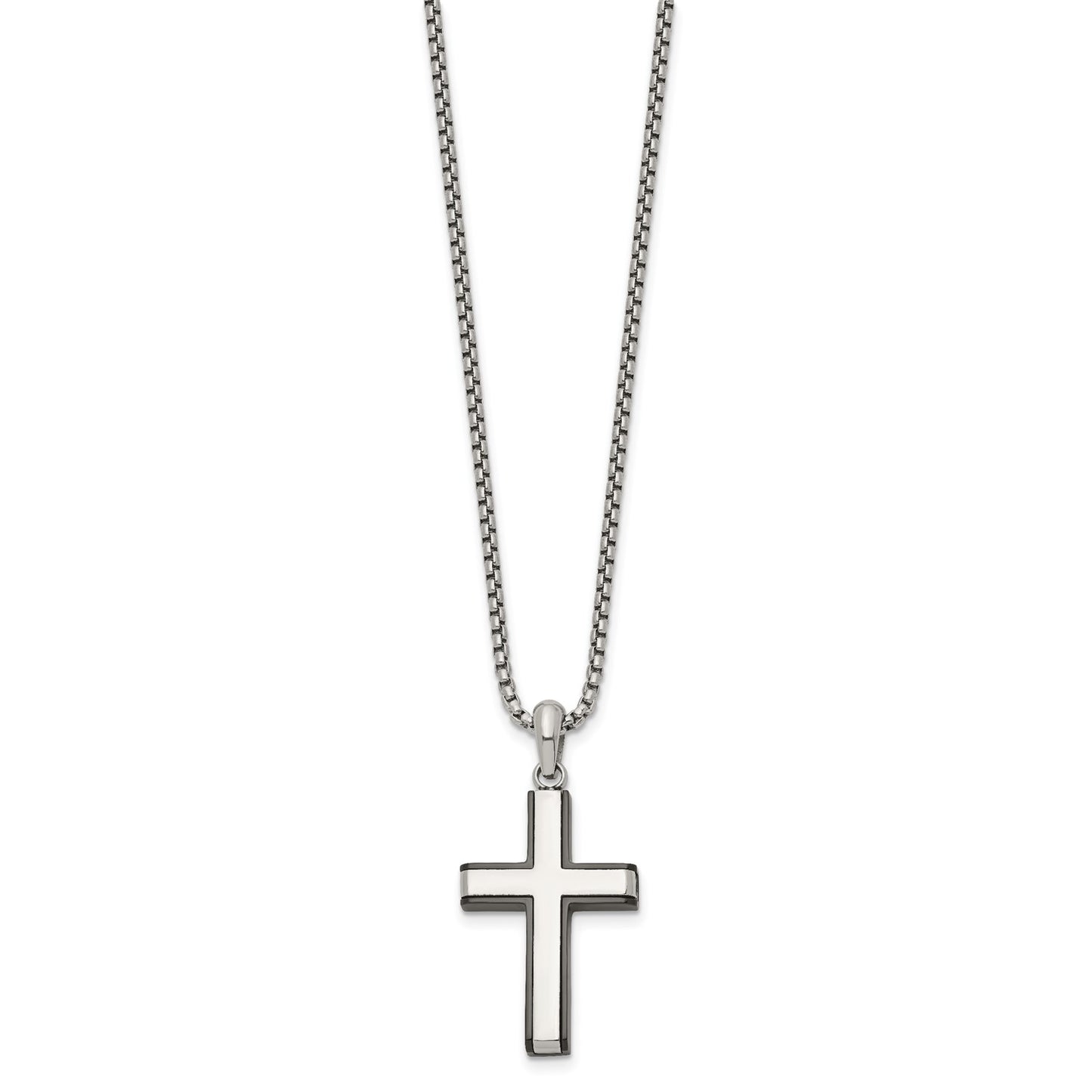 MJ Stainless Steel Polished Black IP-plated Edges Cross Pendant on a 20 inch Box Chain Necklace