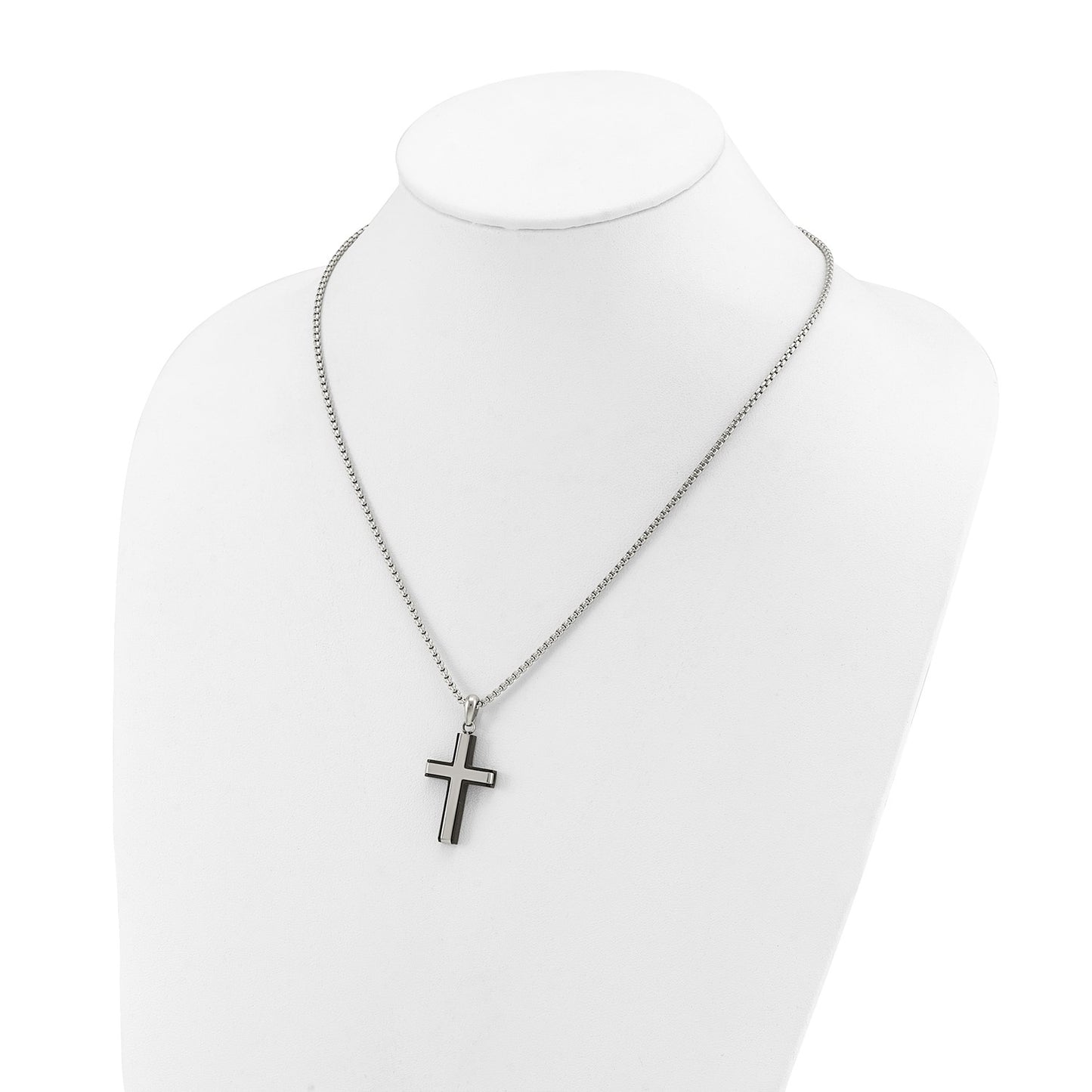 MJ Stainless Steel Polished Black IP-plated Edges Cross Pendant on a 20 inch Box Chain Necklace