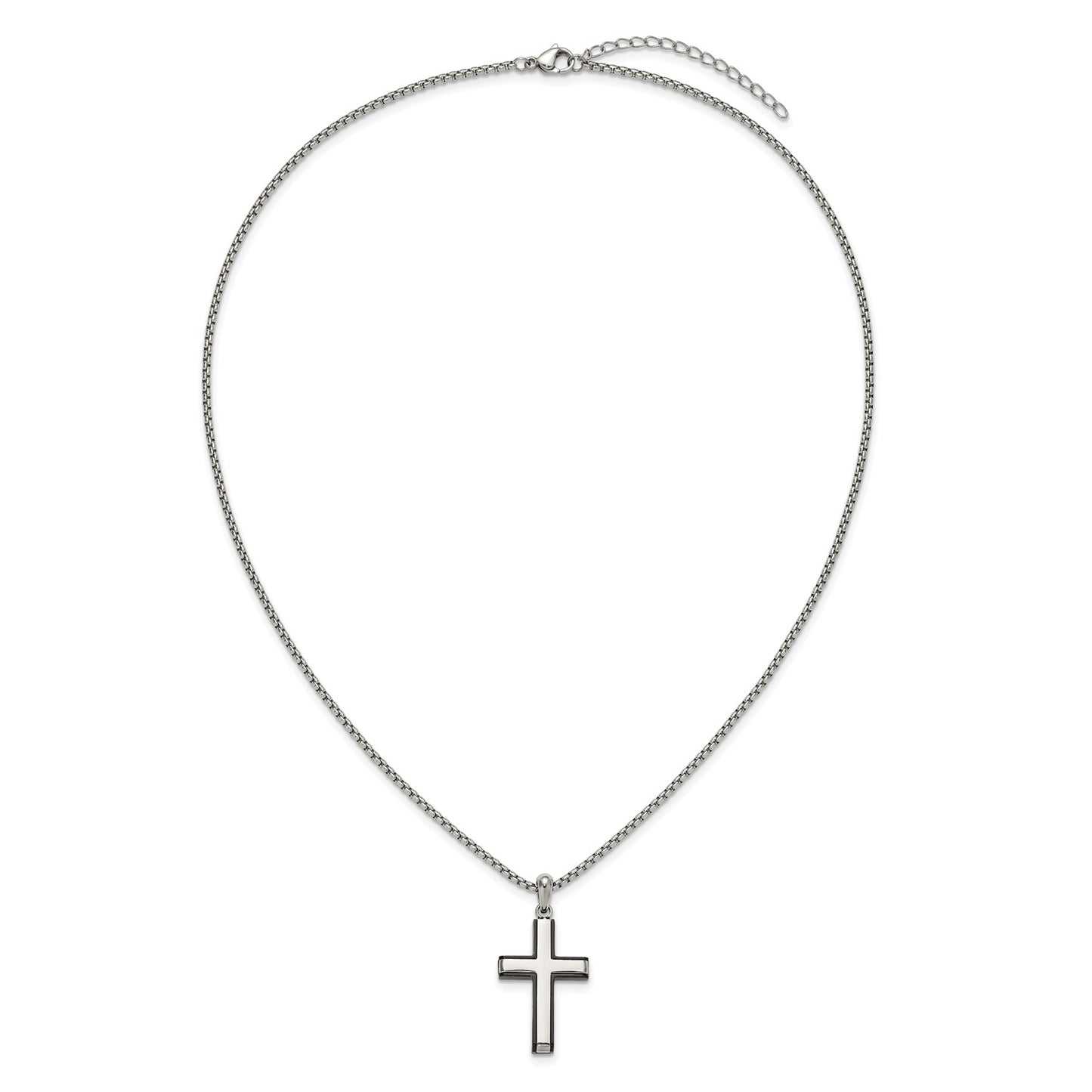 MJ Stainless Steel Polished Black IP-plated Edges Cross Pendant on a 20 inch Box Chain Necklace