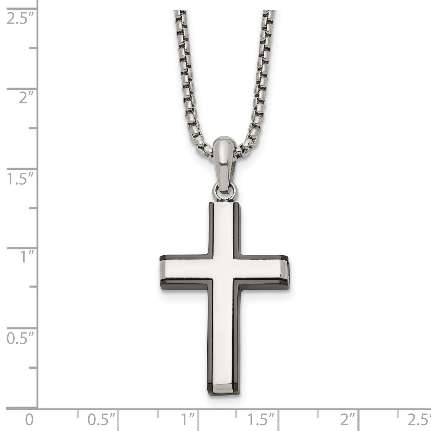 MJ Stainless Steel Polished Black IP-plated Edges Cross Pendant on a 20 inch Box Chain Necklace