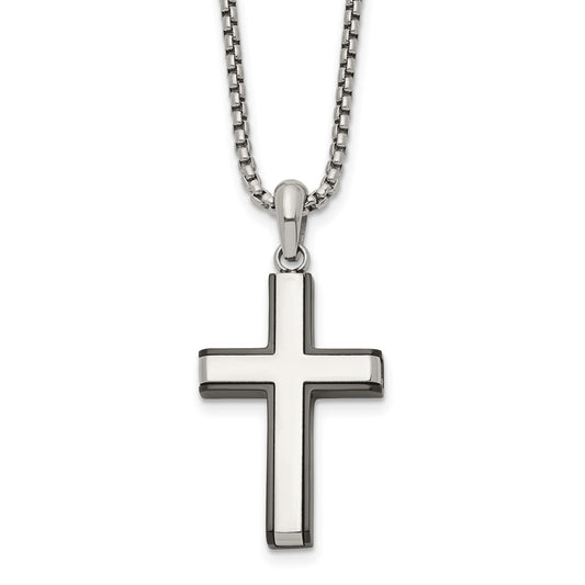 MJ Stainless Steel Polished Black IP-plated Edges Cross Pendant on a 20 inch Box Chain Necklace